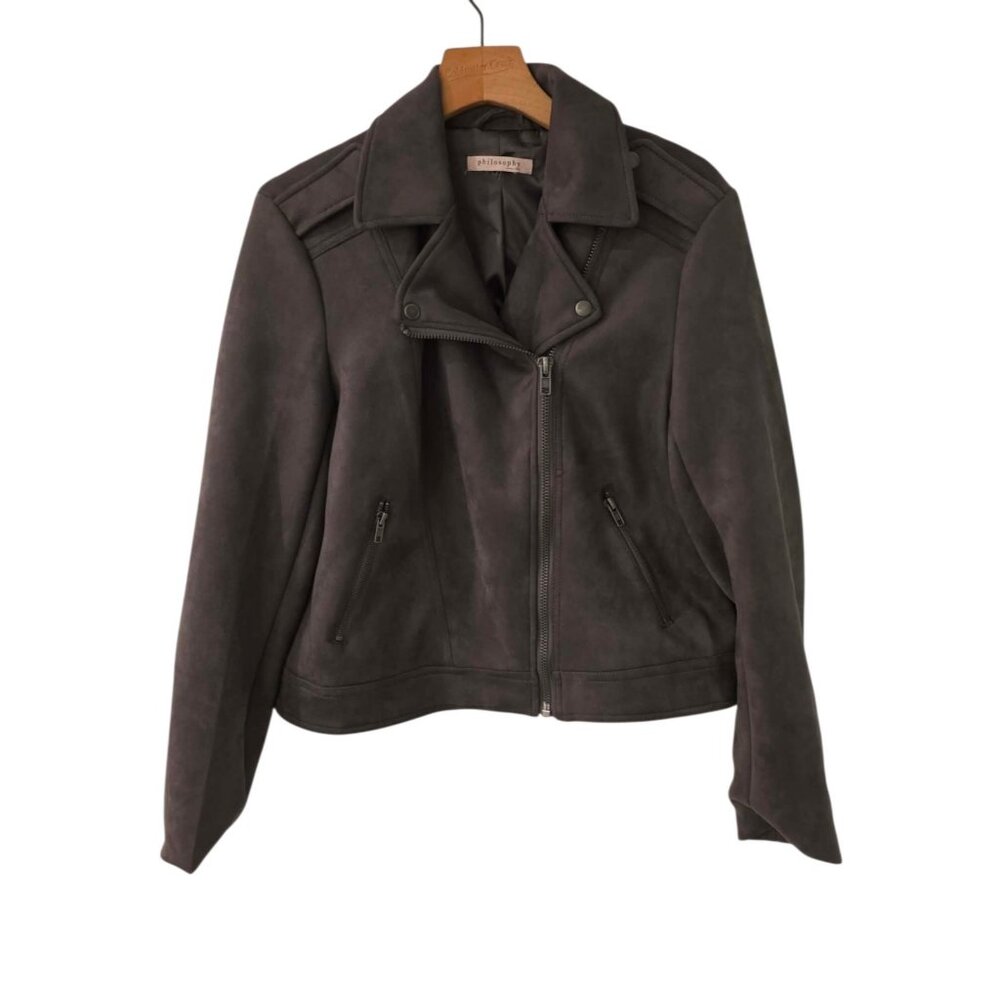 Philosophy Faux Suede Moto‎ Jacket Cropped Asymmetric Zip Gray Womens Small